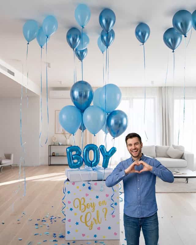Uçan balonlu sürpriz cinsiyet partisi kutusu