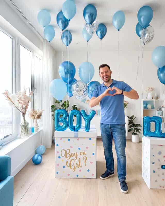 Uçan balonlu sürpriz cinsiyet partisi kutusu